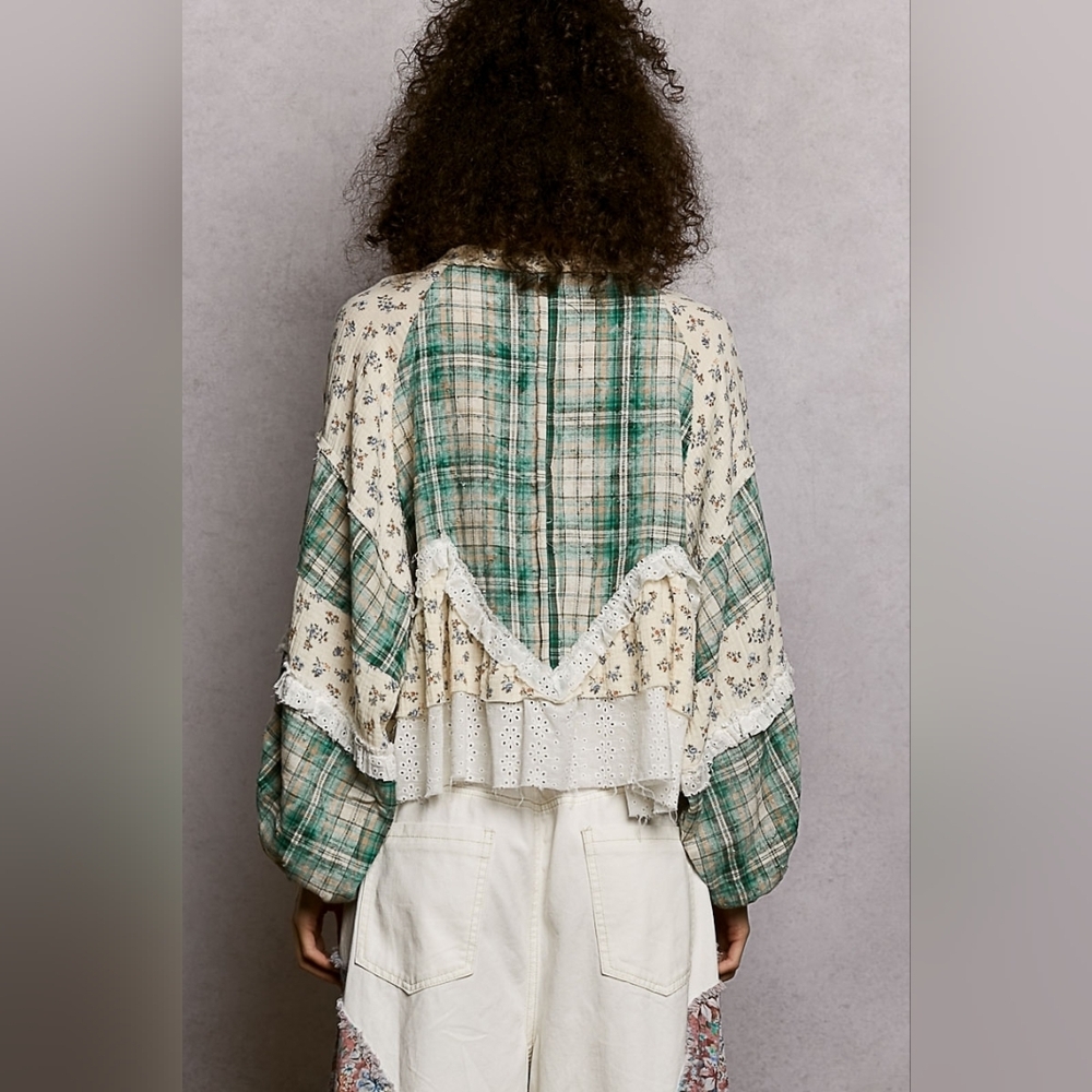 POL Green Plaid Flannel Mixed Media Patchwork Balloon Sleeve Baby Doll Top - Picture 4 of 15